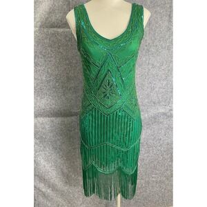 Emerald Green Beaded Fringe Flapper Gatsby Cocktail Dress Sleeveless M